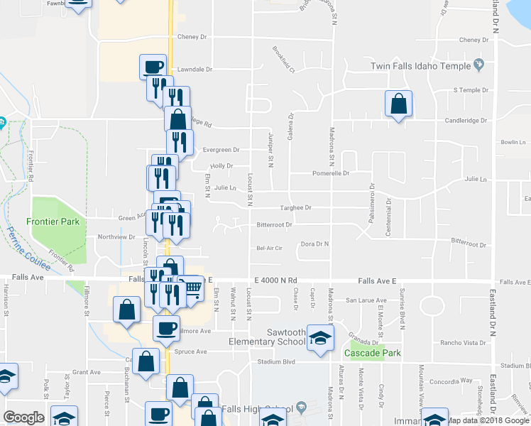 map of restaurants, bars, coffee shops, grocery stores, and more near 1542 Targhee Drive in Twin Falls