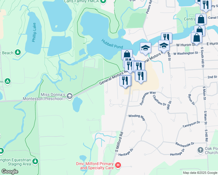 map of restaurants, bars, coffee shops, grocery stores, and more near 162 Cottage Lane in Milford Charter Township