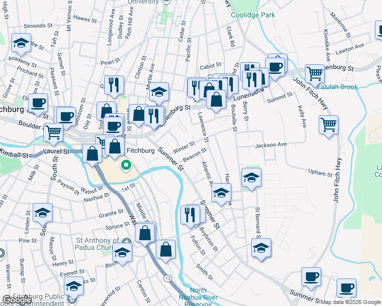 map of restaurants, bars, coffee shops, grocery stores, and more near 21 Beacon Street in Fitchburg