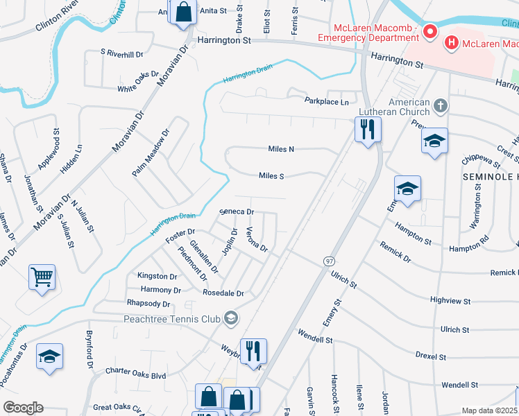 map of restaurants, bars, coffee shops, grocery stores, and more near 20729 Seneca Drive in Clinton Township