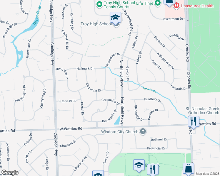 map of restaurants, bars, coffee shops, grocery stores, and more near 4347 Devonshire Drive in Troy