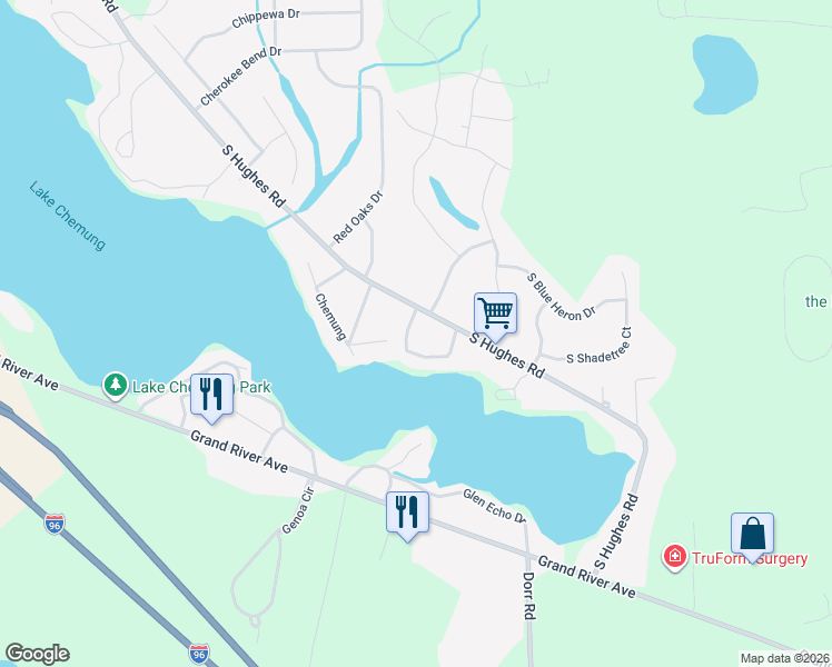 map of restaurants, bars, coffee shops, grocery stores, and more near 1330 Elmhurst Drive in Howell