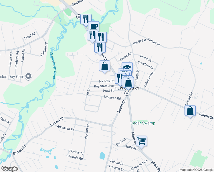 map of restaurants, bars, coffee shops, grocery stores, and more near 56 Bay State Avenue in Tewksbury
