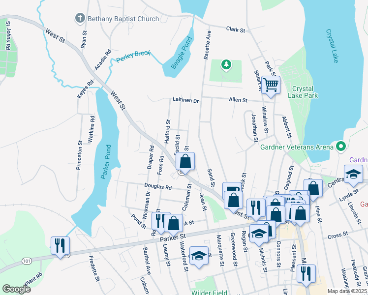 map of restaurants, bars, coffee shops, grocery stores, and more near 62 Pelley Street in Gardner