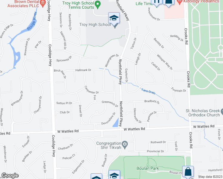 map of restaurants, bars, coffee shops, grocery stores, and more near 4347 Devonshire Drive in Troy