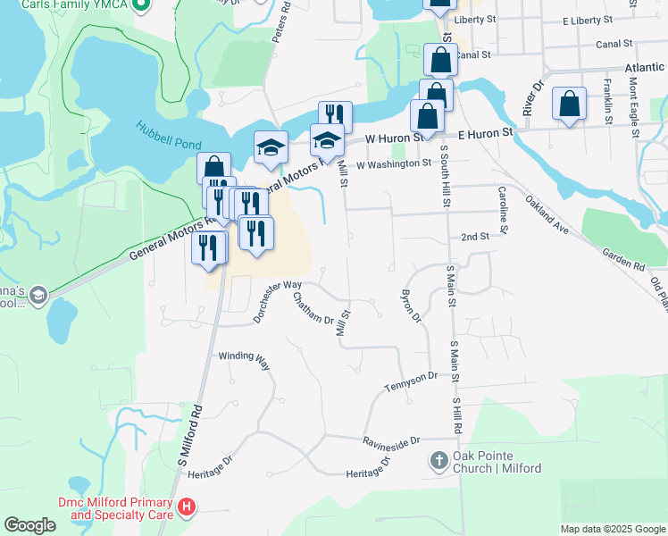 map of restaurants, bars, coffee shops, grocery stores, and more near 747 Banbury Court in Milford Charter Township