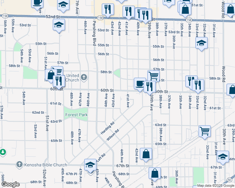 map of restaurants, bars, coffee shops, grocery stores, and more near 4211 60th Street in Kenosha