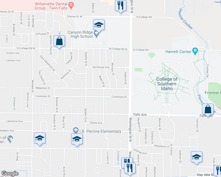 map of restaurants, bars, coffee shops, grocery stores, and more near 245 Ridgeway Drive in Twin Falls