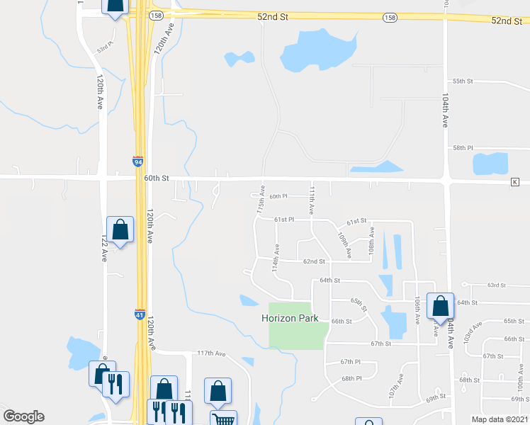 map of restaurants, bars, coffee shops, grocery stores, and more near 11418 61st Street in Kenosha