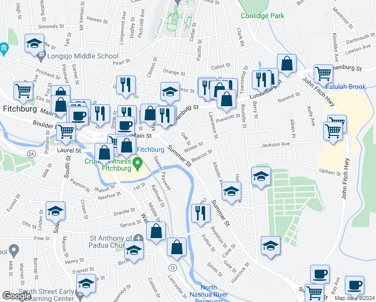 map of restaurants, bars, coffee shops, grocery stores, and more near 17 Winter Street in Fitchburg