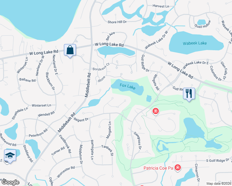 map of restaurants, bars, coffee shops, grocery stores, and more near 4040 Lakeridge Ln in Bloomfield Hills