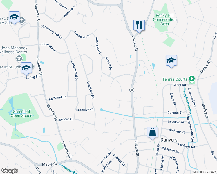 map of restaurants, bars, coffee shops, grocery stores, and more near 21 Worthington Avenue in Danvers