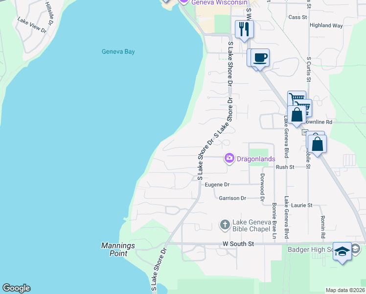 map of restaurants, bars, coffee shops, grocery stores, and more near Pine Tree Lane in Lake Geneva