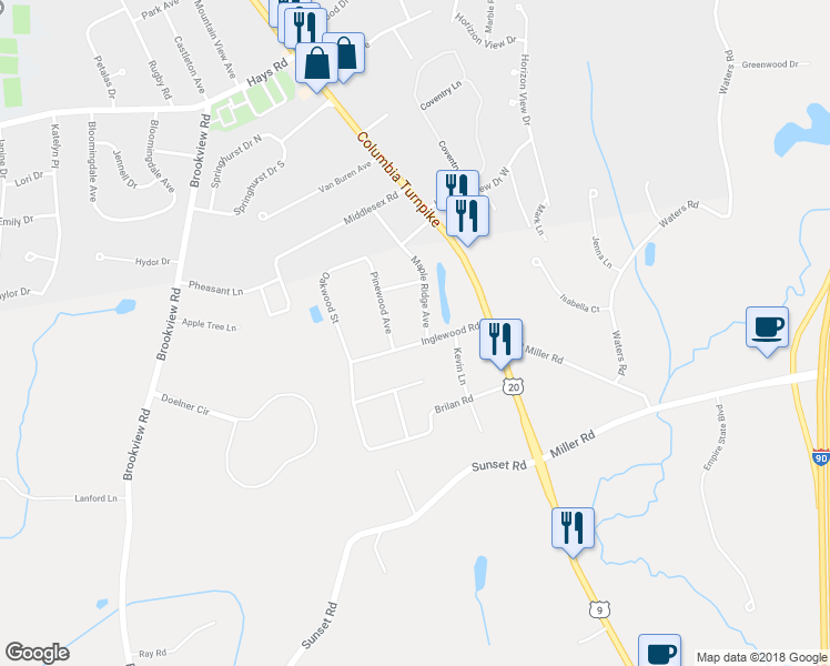 map of restaurants, bars, coffee shops, grocery stores, and more near 7 Inglewood Road in East Greenbush