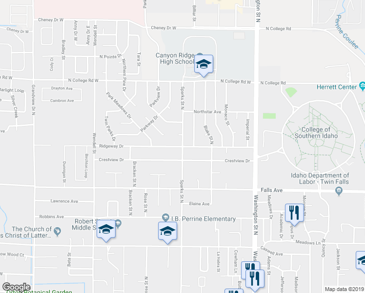 map of restaurants, bars, coffee shops, grocery stores, and more near 1079 Sparks Street North in Twin Falls