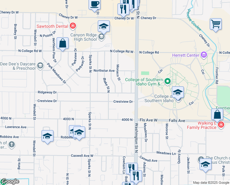map of restaurants, bars, coffee shops, grocery stores, and more near 255 Ridgeway Drive in Twin Falls