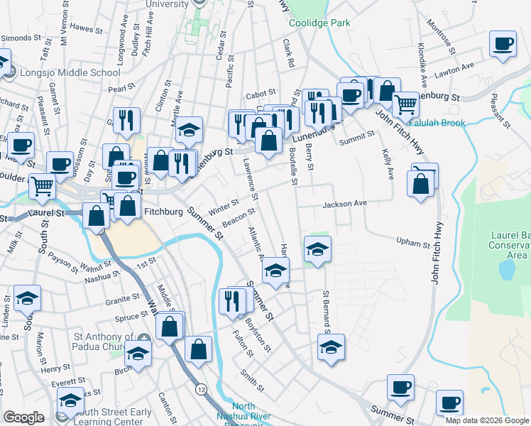 map of restaurants, bars, coffee shops, grocery stores, and more near 9 Atlantic Avenue in Fitchburg