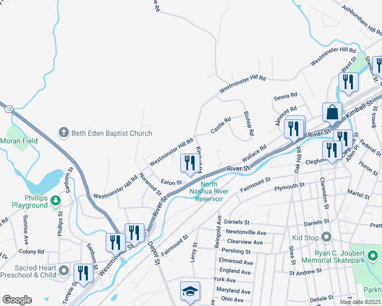map of restaurants, bars, coffee shops, grocery stores, and more near 52 Kimball Road in Fitchburg