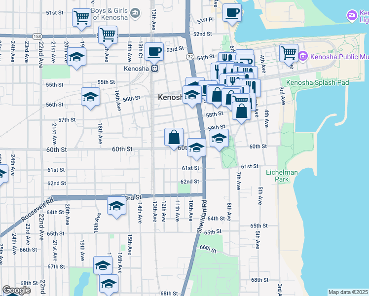 map of restaurants, bars, coffee shops, grocery stores, and more near 1021 60th Street in Kenosha