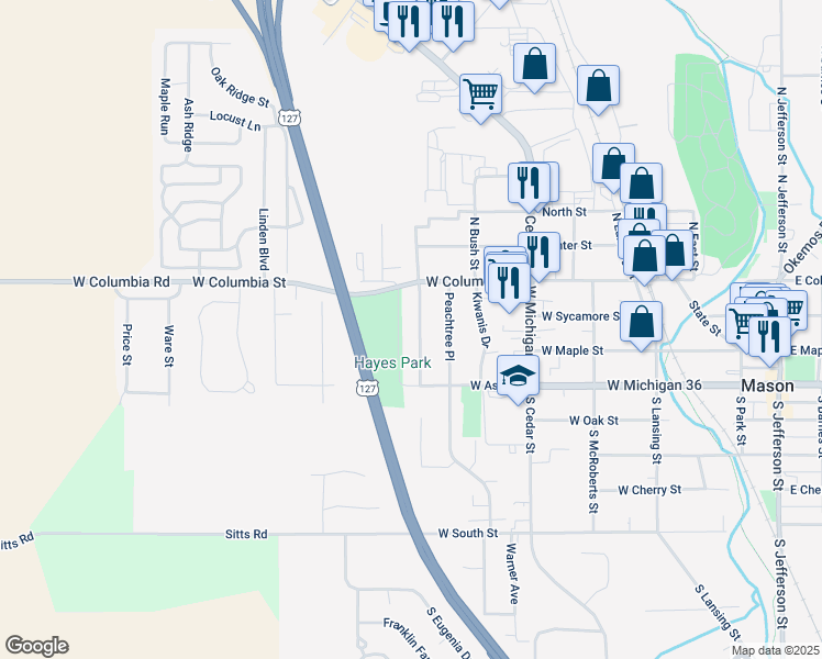 map of restaurants, bars, coffee shops, grocery stores, and more near 210 South Walnut Court in Mason