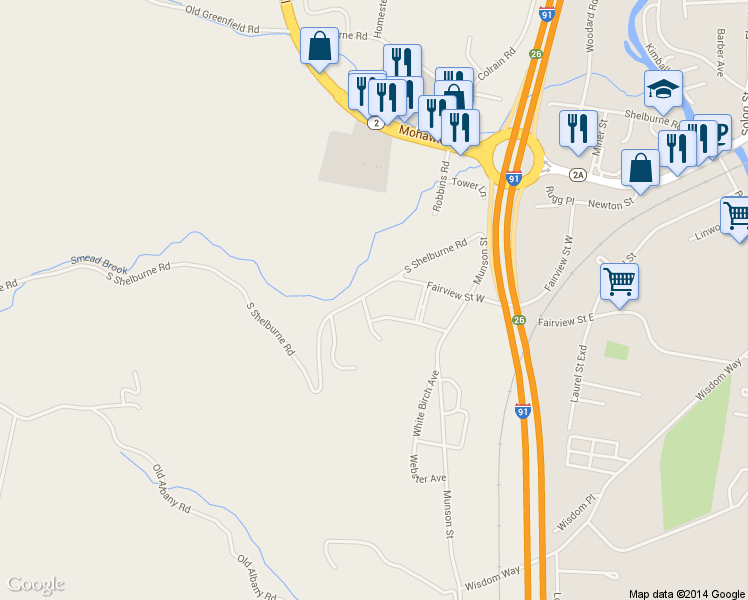 map of restaurants, bars, coffee shops, grocery stores, and more near 167 South Shelburne Road in Greenfield