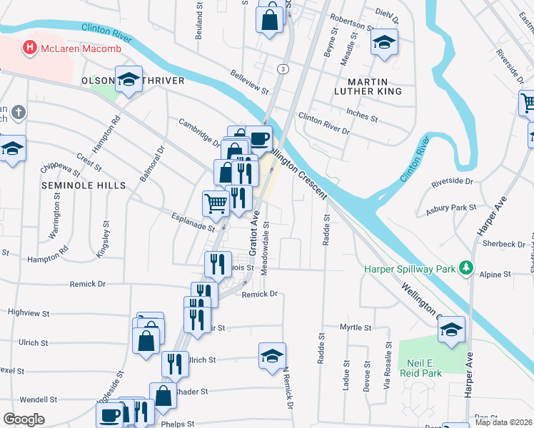 map of restaurants, bars, coffee shops, grocery stores, and more near 38614 Meadowdale Street in Clinton Township