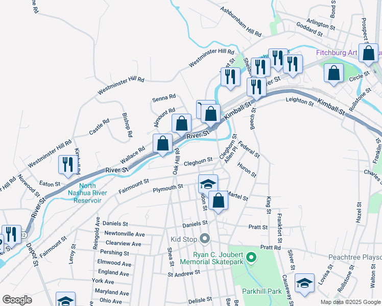 map of restaurants, bars, coffee shops, grocery stores, and more near 1B Oak Hill Road in Fitchburg