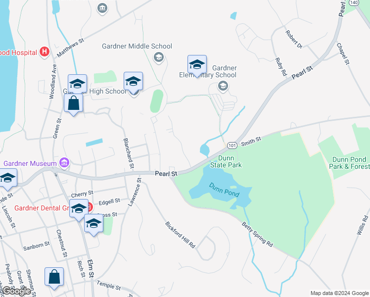map of restaurants, bars, coffee shops, grocery stores, and more near 272 Pearl Street in Gardner