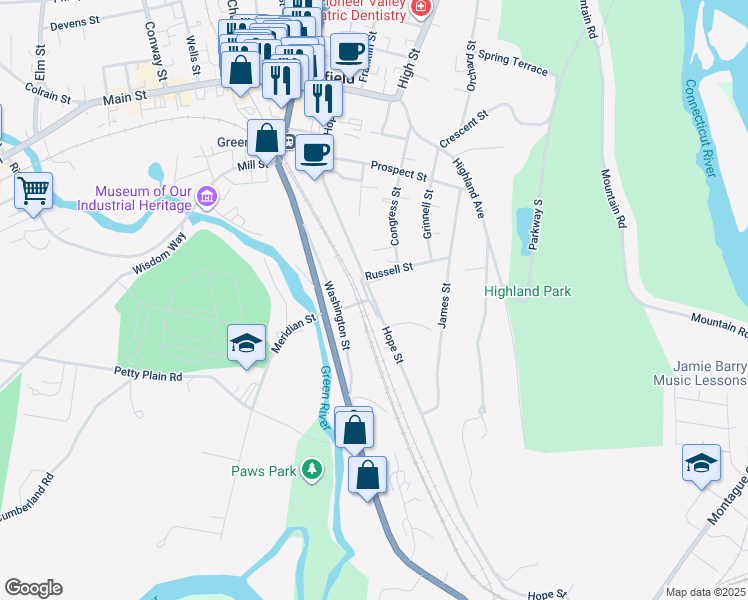 map of restaurants, bars, coffee shops, grocery stores, and more near 154 Hope Street in Greenfield