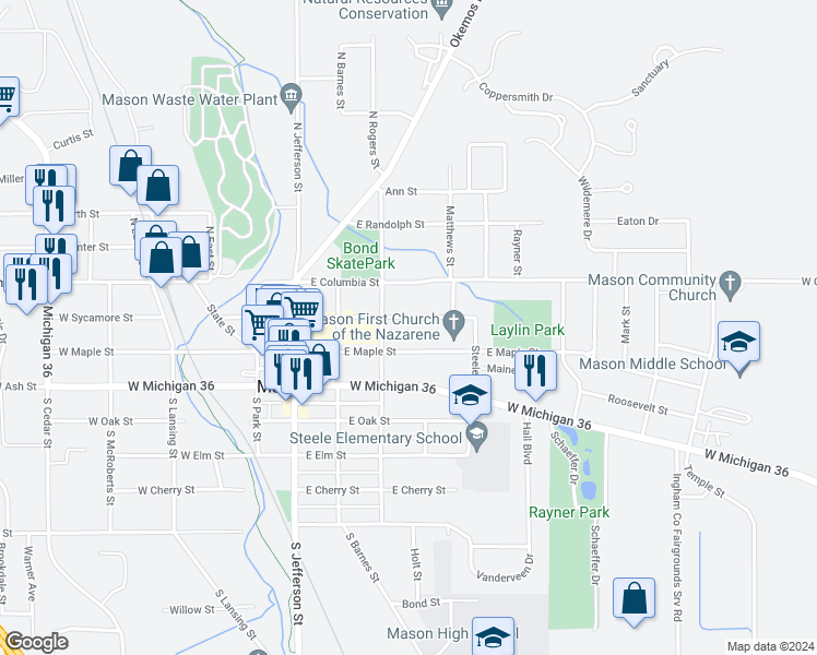 map of restaurants, bars, coffee shops, grocery stores, and more near 401 East Maple Street in Mason