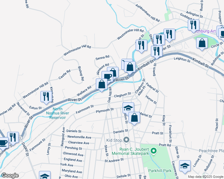 map of restaurants, bars, coffee shops, grocery stores, and more near 1B Oak Hill Road in Fitchburg