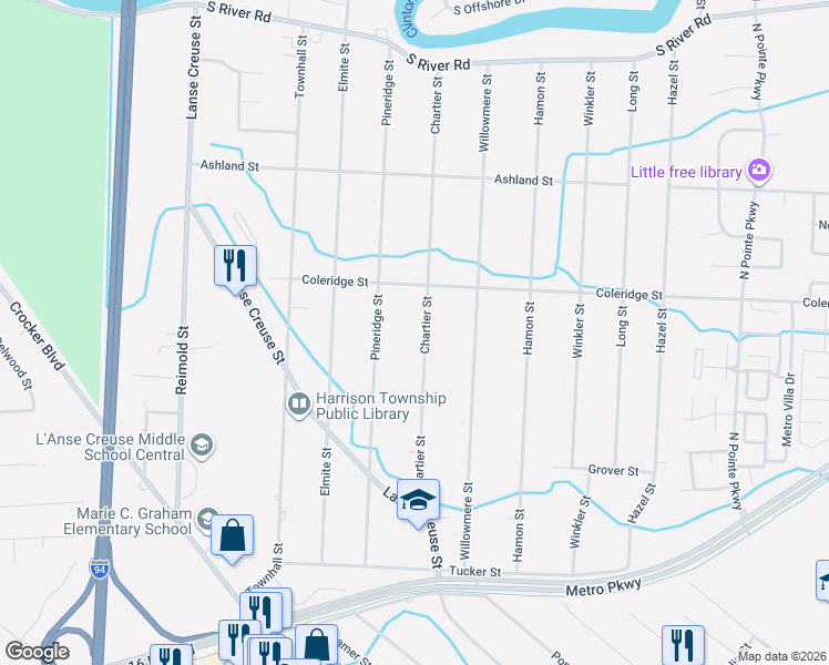 map of restaurants, bars, coffee shops, grocery stores, and more near 38381 Chartier Street in Harrison Township