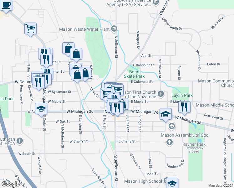 map of restaurants, bars, coffee shops, grocery stores, and more near 213 South Jefferson Street in Mason