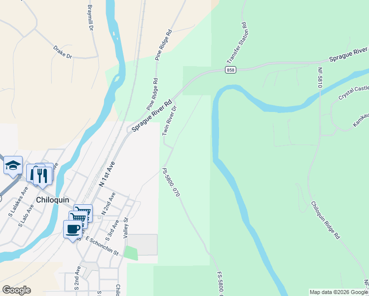map of restaurants, bars, coffee shops, grocery stores, and more near 39303 Spring Trail Court in Chiloquin