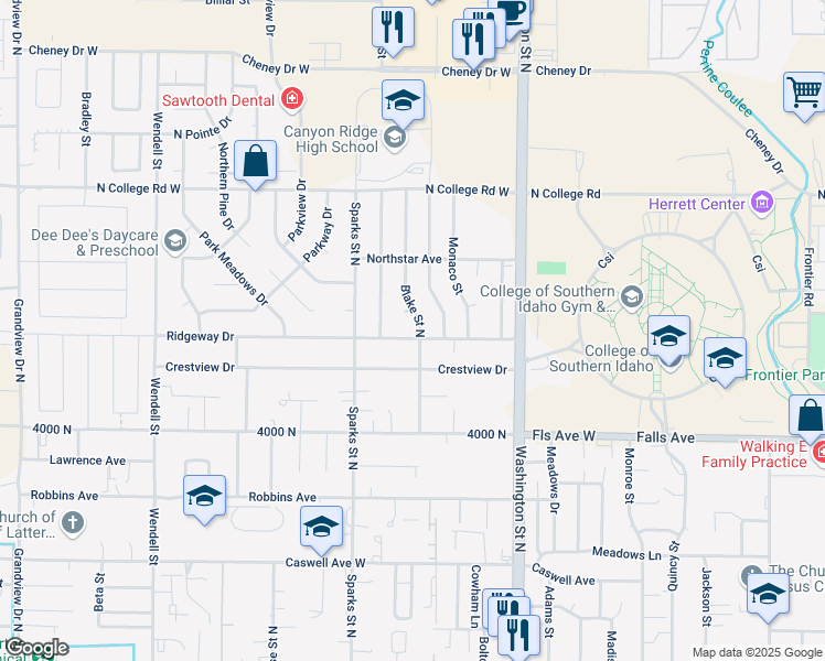 map of restaurants, bars, coffee shops, grocery stores, and more near 321 Ridgeway Drive in Twin Falls
