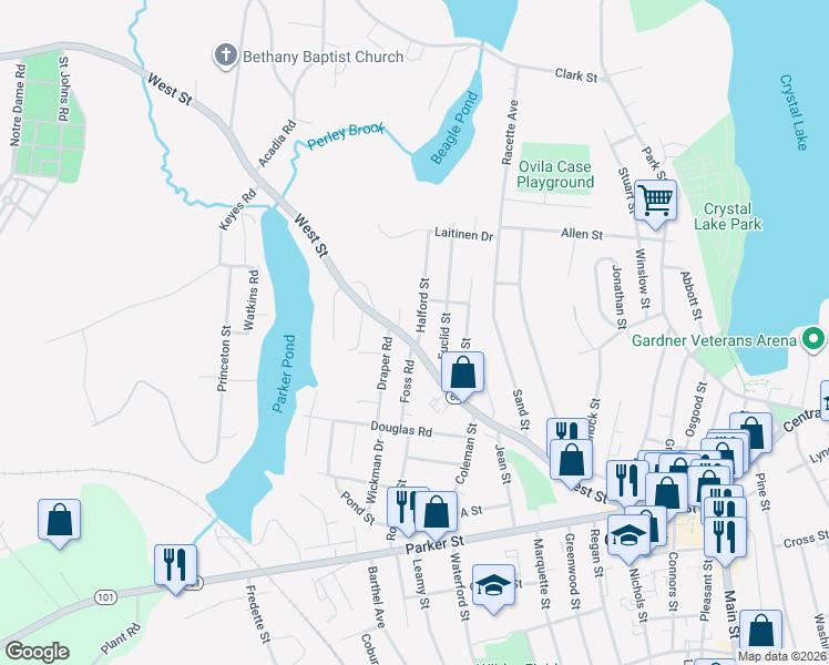 map of restaurants, bars, coffee shops, grocery stores, and more near 281 West Street in Gardner
