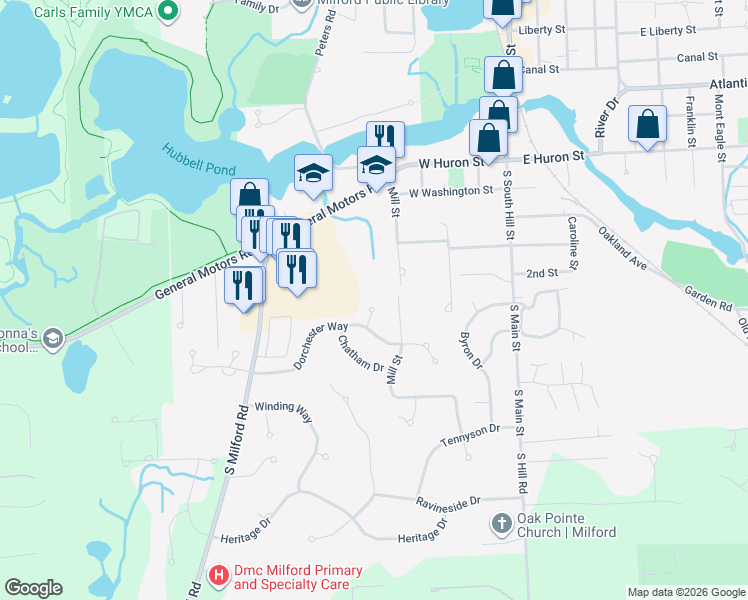 map of restaurants, bars, coffee shops, grocery stores, and more near 714 Mill Street in Milford Charter Township