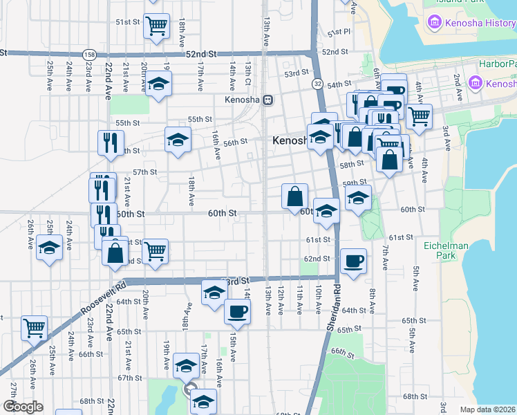 map of restaurants, bars, coffee shops, grocery stores, and more near 1319 60th Street in Kenosha