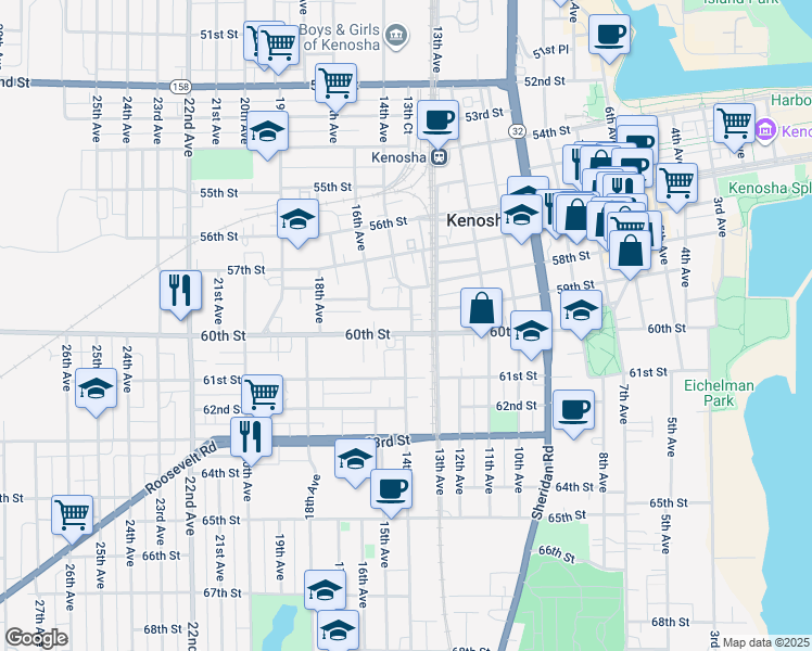 map of restaurants, bars, coffee shops, grocery stores, and more near 1319 60th Street in Kenosha