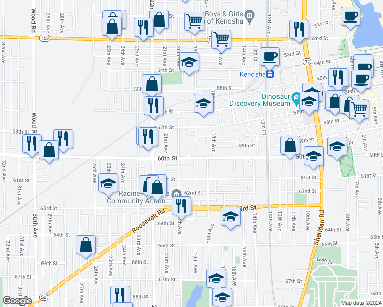 map of restaurants, bars, coffee shops, grocery stores, and more near 1907 60th Street in Kenosha