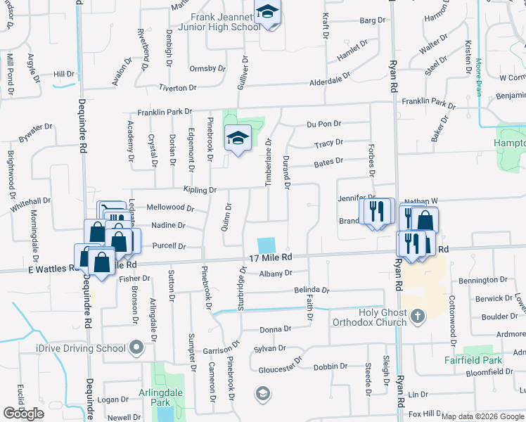 map of restaurants, bars, coffee shops, grocery stores, and more near 3023 Warrington Drive in Sterling Heights