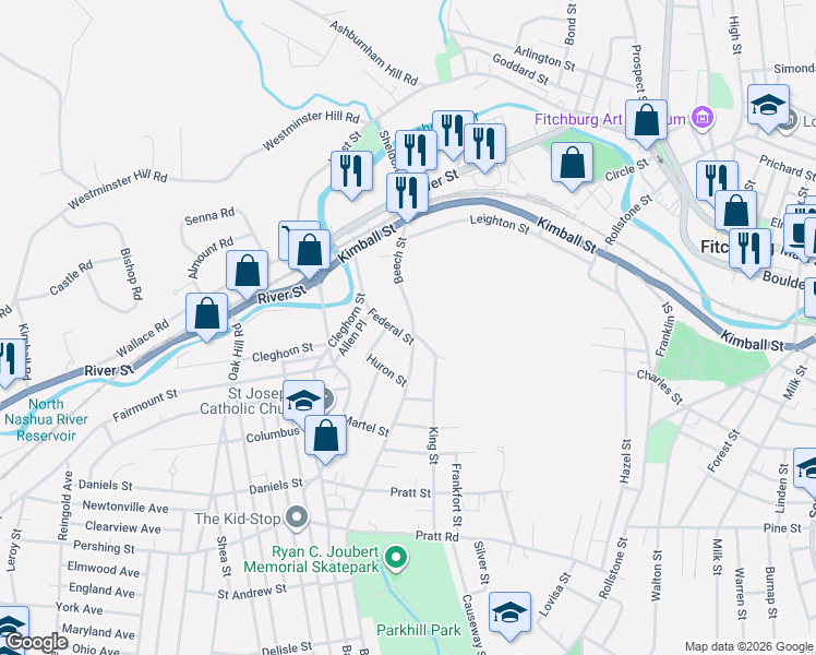map of restaurants, bars, coffee shops, grocery stores, and more near 115 Beech Street in Fitchburg