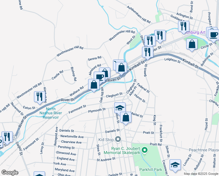 map of restaurants, bars, coffee shops, grocery stores, and more near 1 Oak Hill Road in Fitchburg