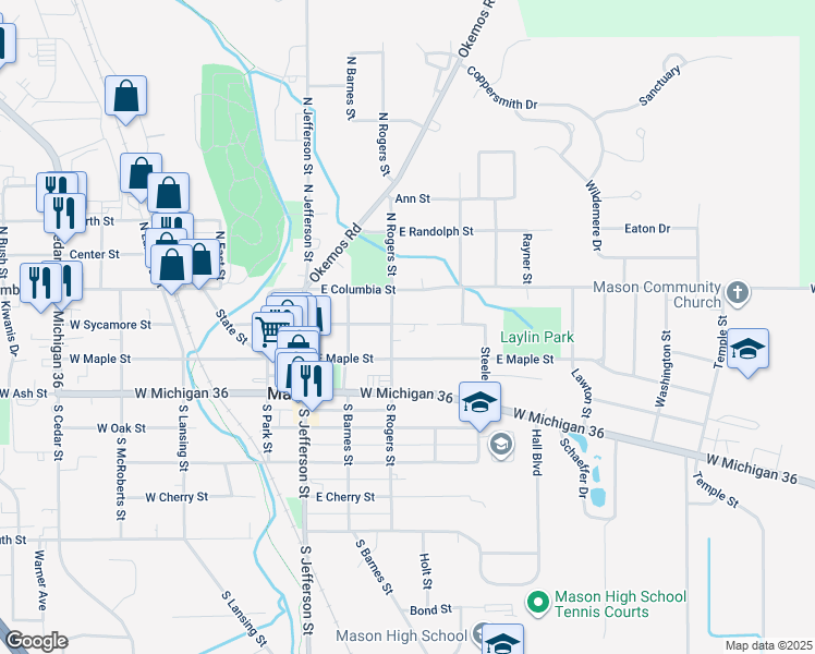 map of restaurants, bars, coffee shops, grocery stores, and more near 219 South Rogers Street in Mason