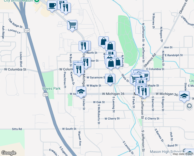map of restaurants, bars, coffee shops, grocery stores, and more near 452 West Maple Street in Mason