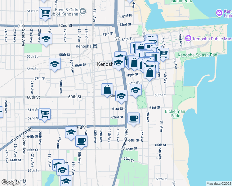 map of restaurants, bars, coffee shops, grocery stores, and more near 1021 60th Street in Kenosha