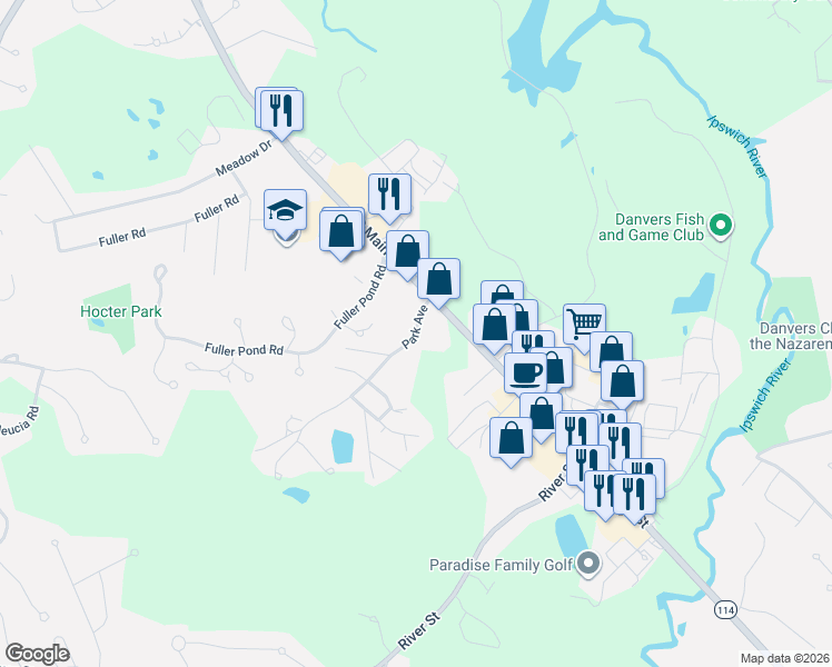 map of restaurants, bars, coffee shops, grocery stores, and more near 65 North Main Street in Middleton