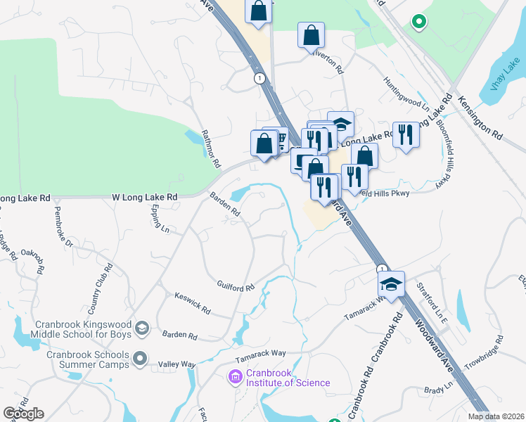 map of restaurants, bars, coffee shops, grocery stores, and more near 235 Barden Road in Bloomfield Hills