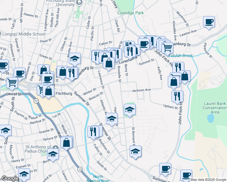 map of restaurants, bars, coffee shops, grocery stores, and more near 51 Harrison Avenue in Fitchburg