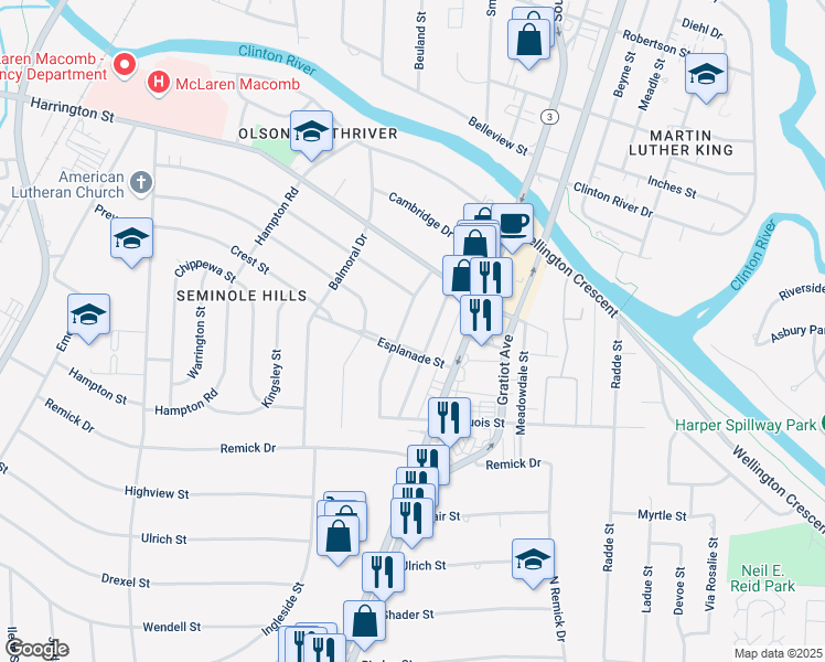 map of restaurants, bars, coffee shops, grocery stores, and more near 245 Esplanade Street in Mount Clemens